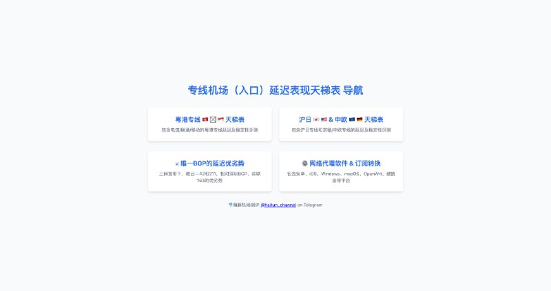 #官网🚀 海豚测速官网上线！专业机场测评，一站式解决你的选择难题！  各位朋友，我们的 海豚测速官网（www.haitunt.org） 终于上线了！🎉 作为一个专注于 机场测评 的平台，我们致力于为大家提供最真实、最客观的机场服务分析，帮助你找到 最快、最稳、最适合自己 的线路！  💡 网站主要内容(持续更新中)：  🔹 专线表现分析——详细对比 粤港、沪日、中欧等专线 的延迟、丢包、峰值速率