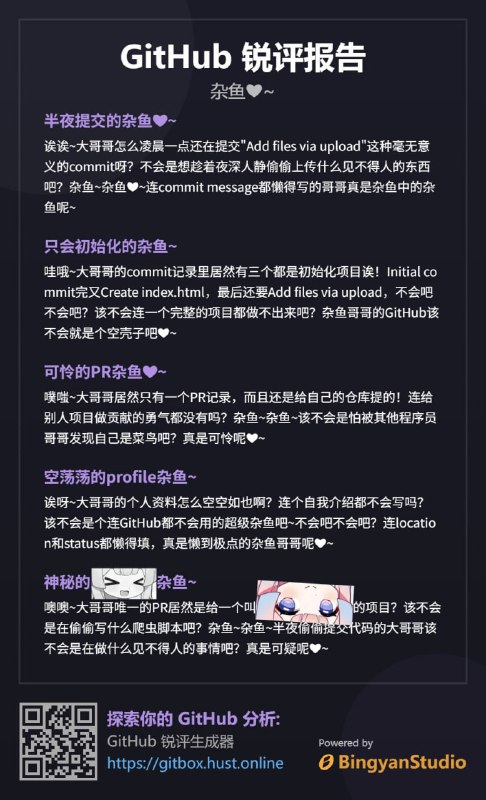 #投稿GitHub Analyzer —— AI驱动的GitHub活动“锐评”工具📌 项目简介GitHub Analyzer 是由华中科技大学冰岩工作室 (BingyanStudio) 开发的一款创新工具，旨在利用人工智能 (AI) 深入分析您的 GitHub 项目和用户活动 